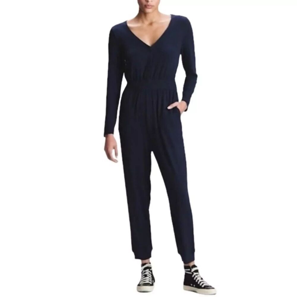 Gap Softspun Cozy Jumpsuit L Navy Blue Knit Long sleeve Loungewear City Travel